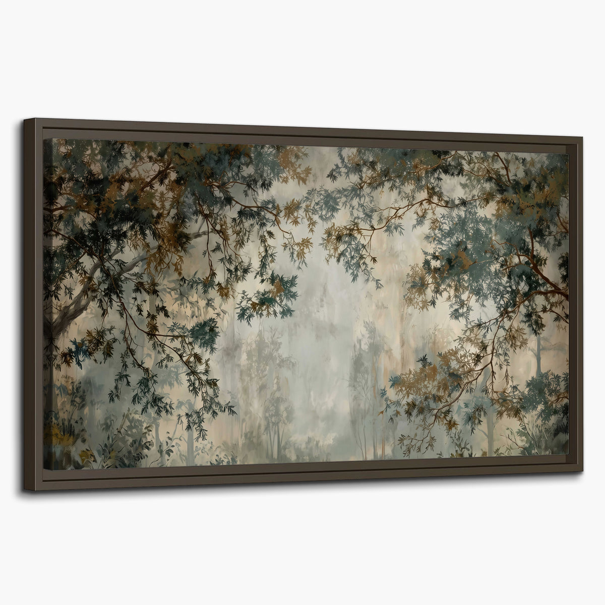 Overhanging branches framing a misty woodland clearing single framed canvas wall art on a white background