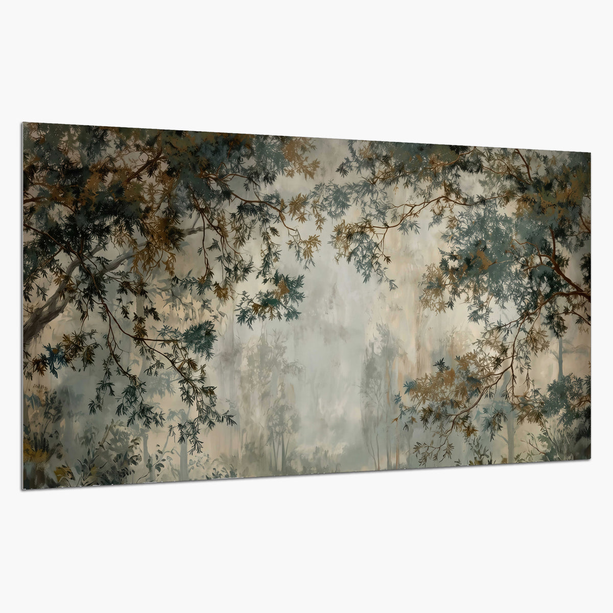Overhanging branches framing a misty woodland clearing single poster print on a white background