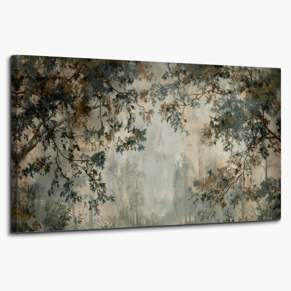 Overhanging branches framing a misty woodland clearing single canvas wall art on a white background