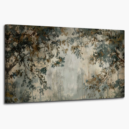 Overhanging branches framing a misty woodland clearing single canvas wall art on a white background