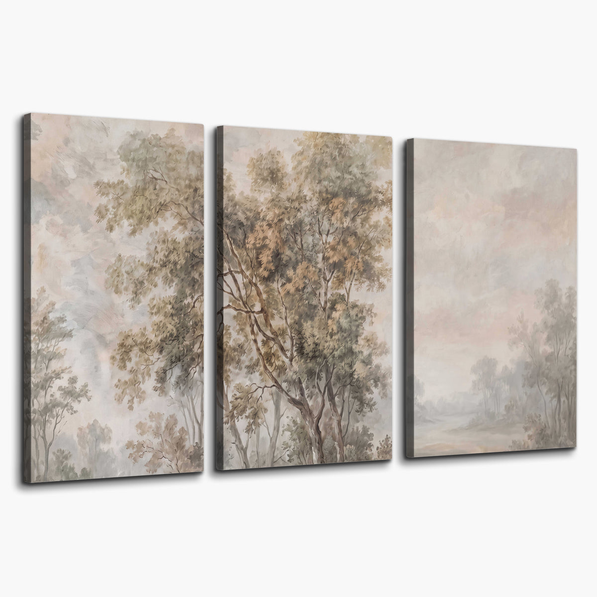 Delicate golden foliage and a hazy pastel countryside 3 piece canvas wall art on a white background