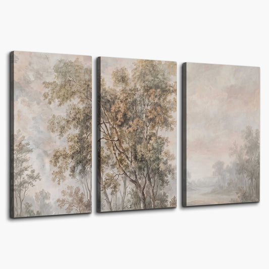 Delicate golden foliage and a hazy pastel countryside 3 piece canvas wall art on a white background
