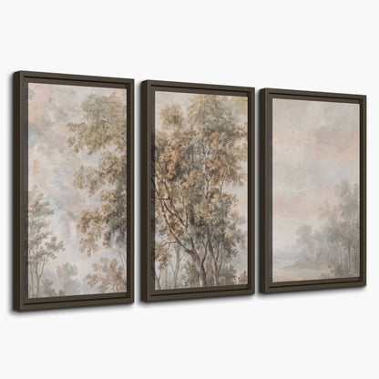 Delicate golden foliage and a hazy pastel countryside 3 piece framed canvas wall art on a white background