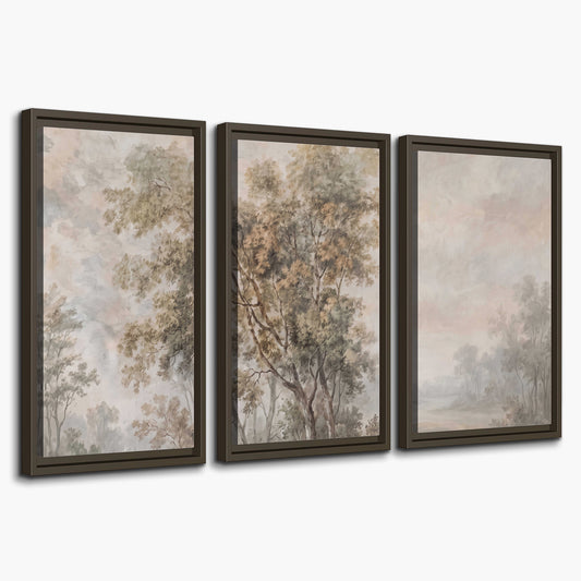Delicate golden foliage and a hazy pastel countryside 3 piece framed canvas wall art on a white background