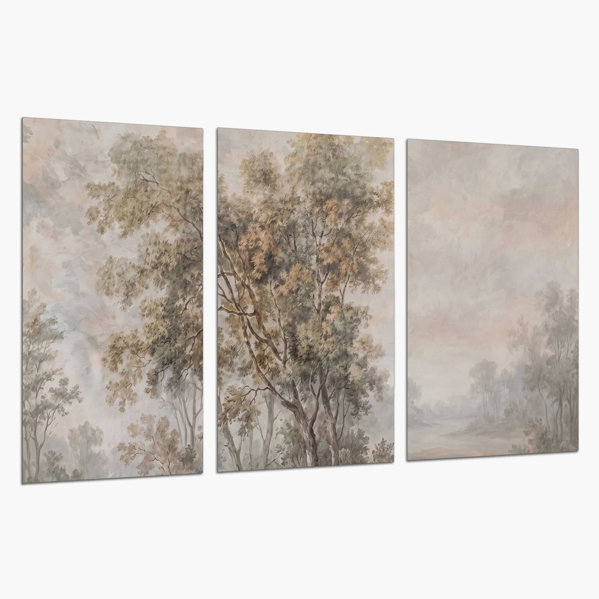 Delicate golden foliage and a hazy pastel countryside set of 3 poster prints on a white background