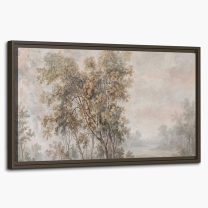 Delicate golden foliage and a hazy pastel countryside single framed canvas wall art on a white background