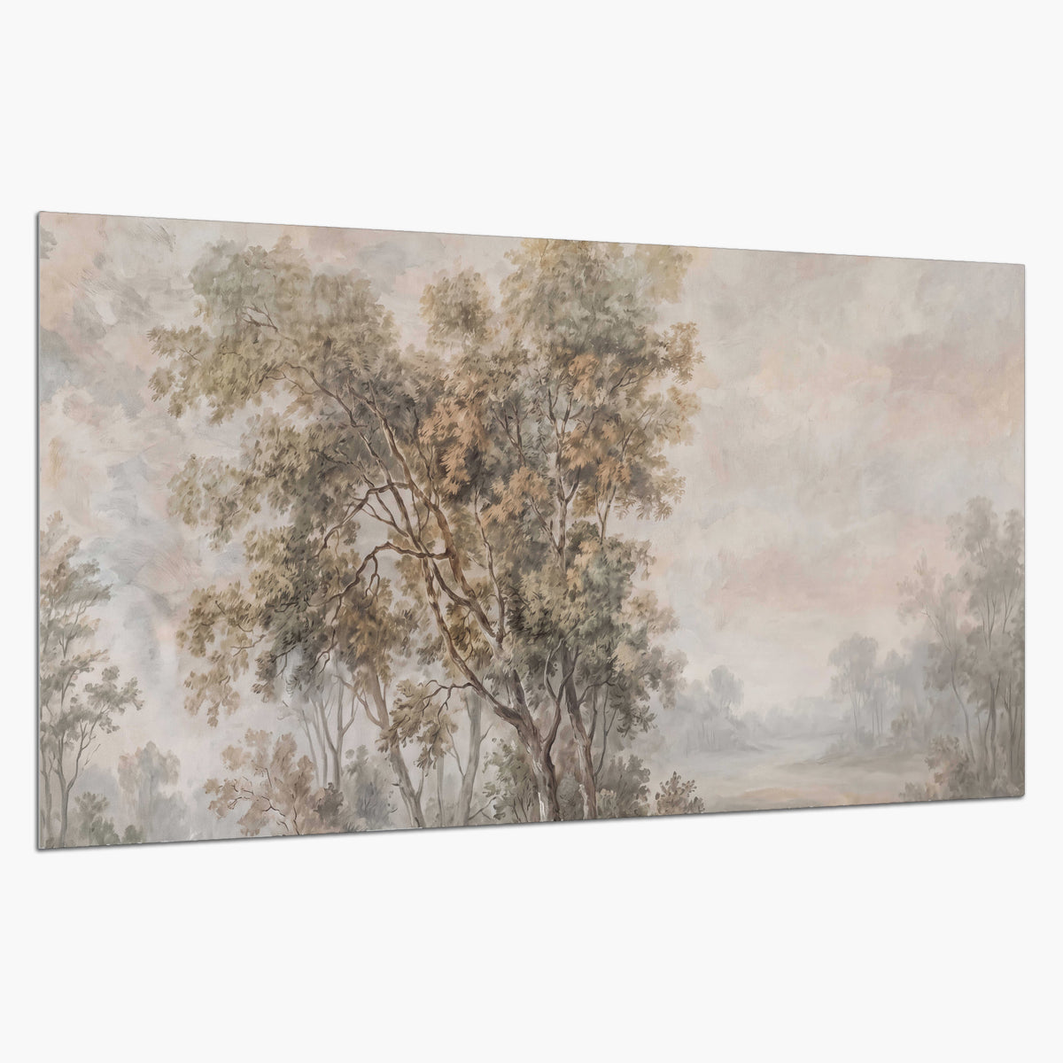 Delicate golden foliage and a hazy pastel countryside single poster print on a white background