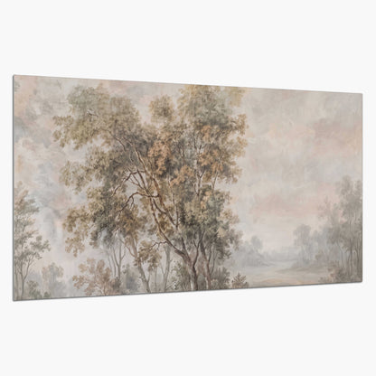 Delicate golden foliage and a hazy pastel countryside single poster print on a white background