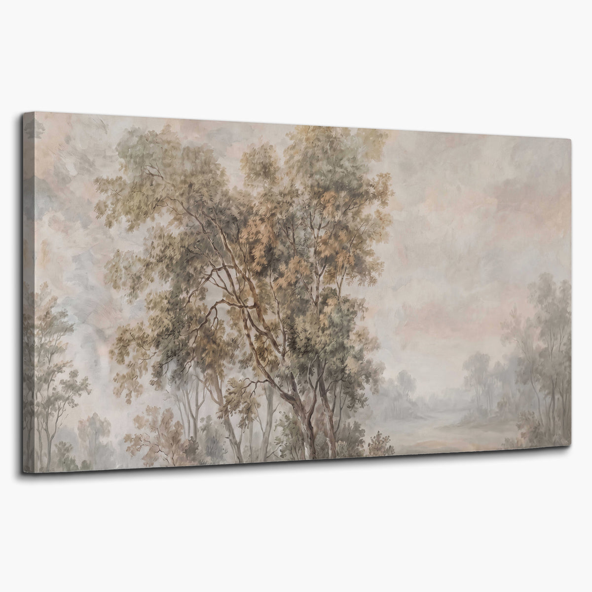 Delicate golden foliage and a hazy pastel countryside single canvas wall art on a white background