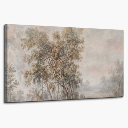 Delicate golden foliage and a hazy pastel countryside single canvas wall art on a white background