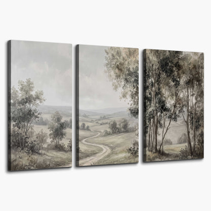 A quiet winding road through gray-green rolling hills 3 piece canvas wall art on a white background