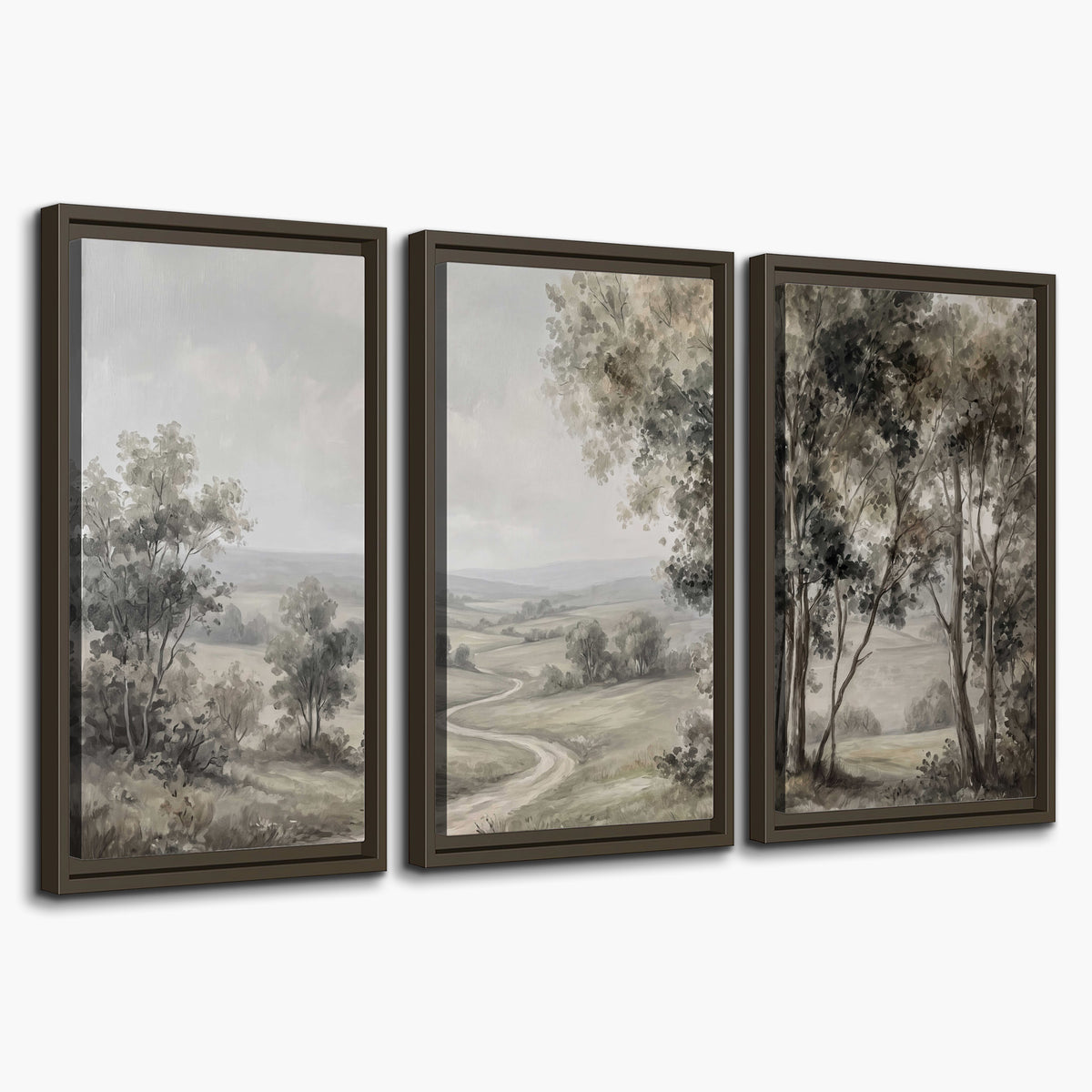 A quiet winding road through gray-green rolling hills 3 piece framed canvas wall art on a white background