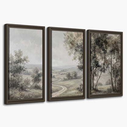 A quiet winding road through gray-green rolling hills 3 piece framed canvas wall art on a white background