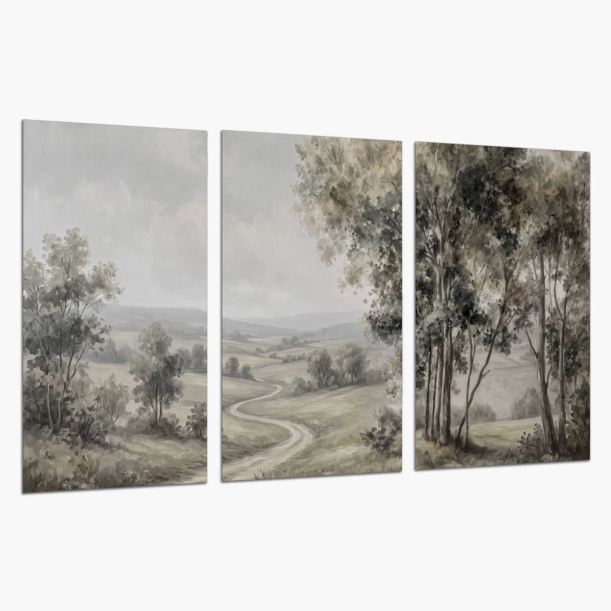 A quiet winding road through gray-green rolling hills set of 3 poster prints on a white background