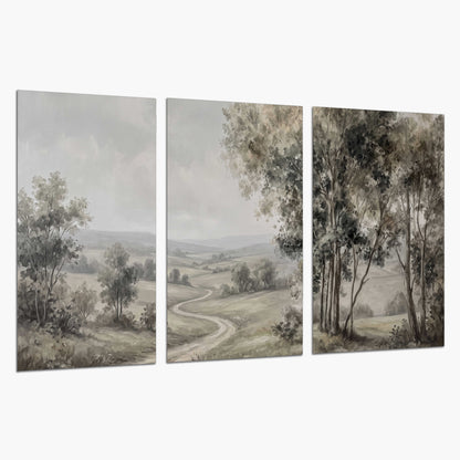 A quiet winding road through gray-green rolling hills set of 3 poster prints on a white background