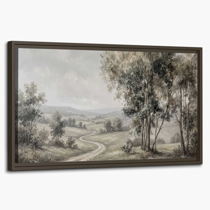A quiet winding road through gray-green rolling hills single framed canvas wall art on a white background