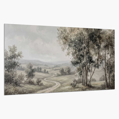 A quiet winding road through gray-green rolling hills single poster print on a white background