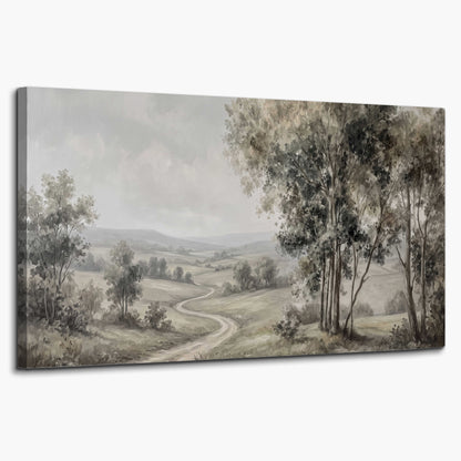A quiet winding road through gray-green rolling hills single canvas wall art on a white background