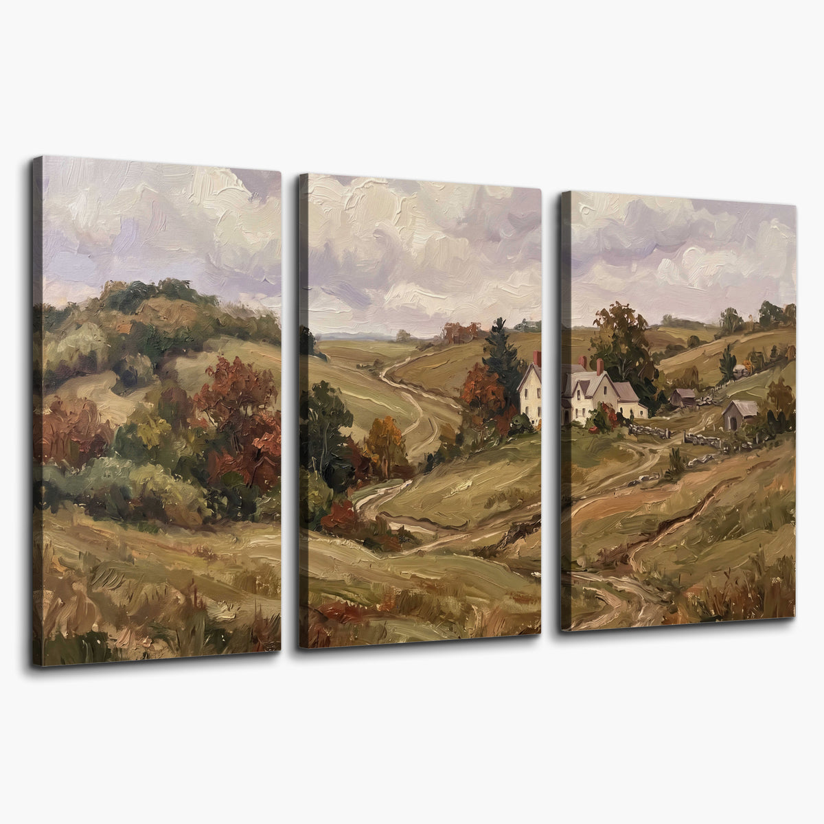 Warm rolling fields and countryside cottages beneath soft clouds 3 piece canvas wall art on a white background