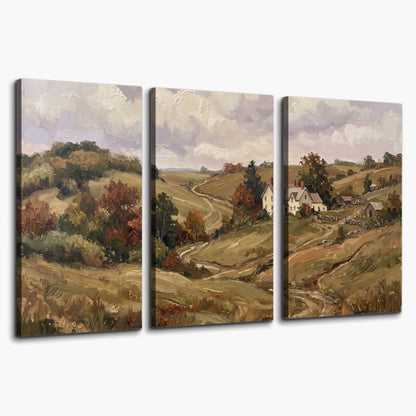 Warm rolling fields and countryside cottages beneath soft clouds 3 piece canvas wall art on a white background