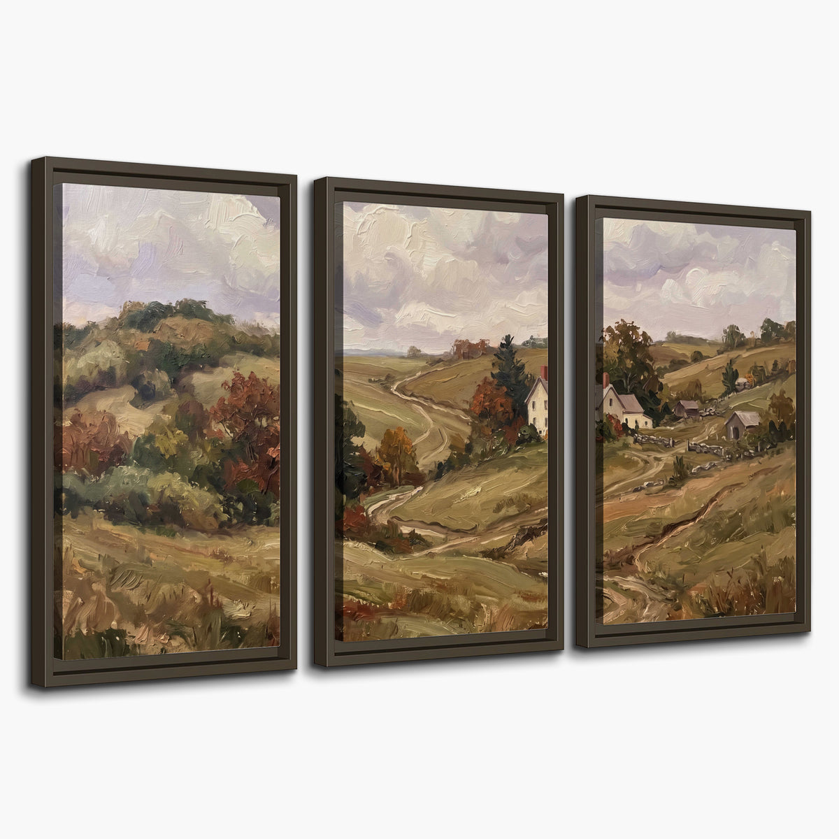 Warm rolling fields and countryside cottages beneath soft clouds 3 piece framed canvas wall art on a white background
