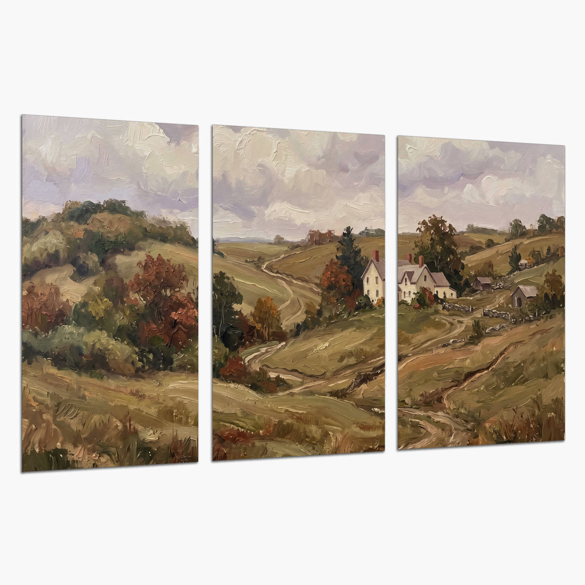 Warm rolling fields and countryside cottages beneath soft clouds set of 3 poster prints on a white background