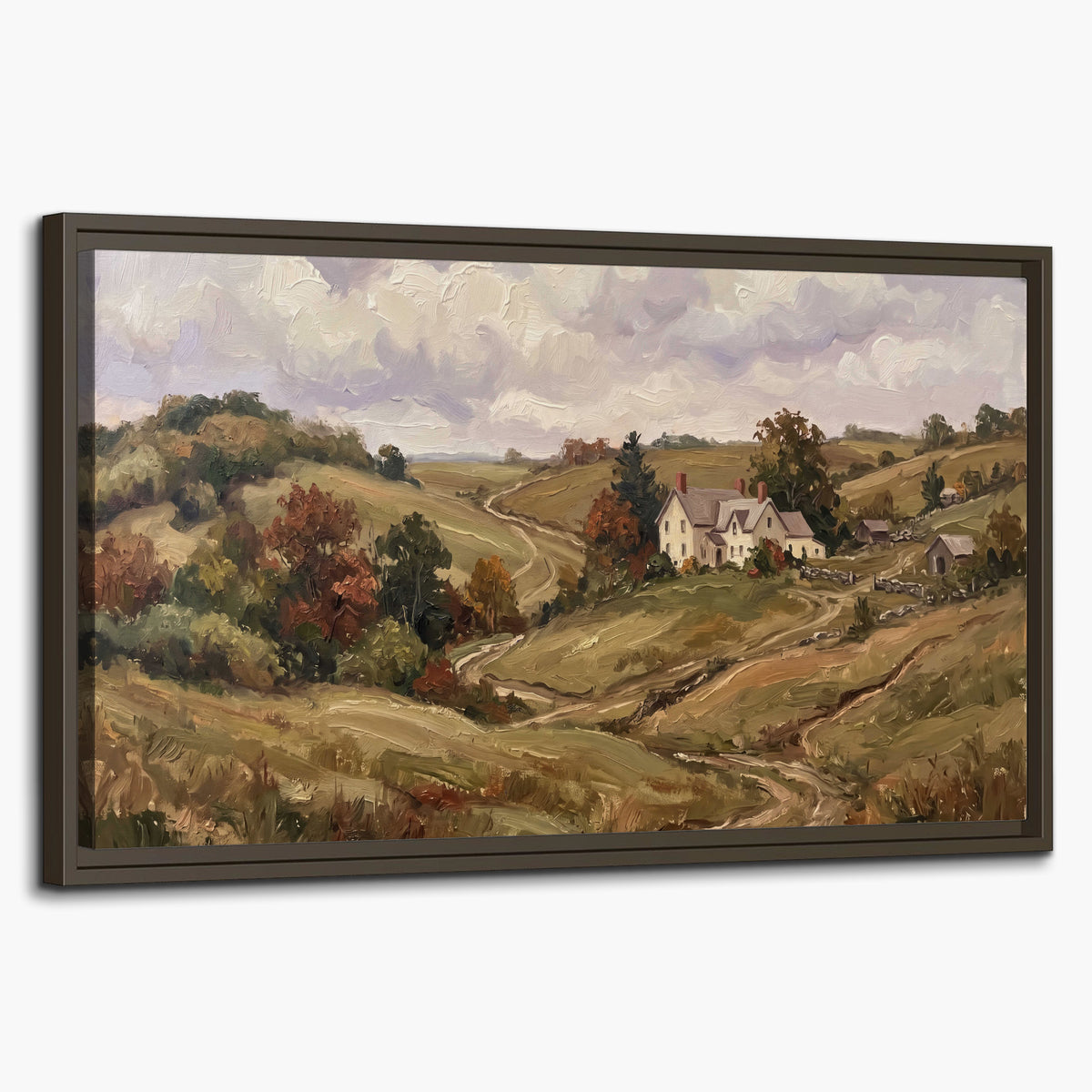Warm rolling fields and countryside cottages beneath soft clouds single framed canvas wall art on a white background