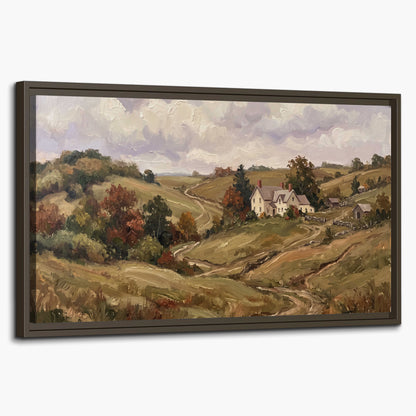 Warm rolling fields and countryside cottages beneath soft clouds single framed canvas wall art on a white background