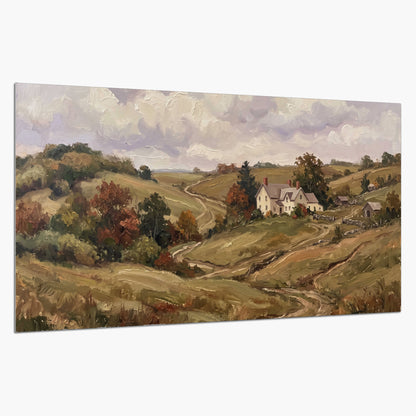 Warm rolling fields and countryside cottages beneath soft clouds single poster print on a white background
