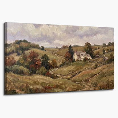 Warm rolling fields and countryside cottages beneath soft clouds single canvas wall art on a white background