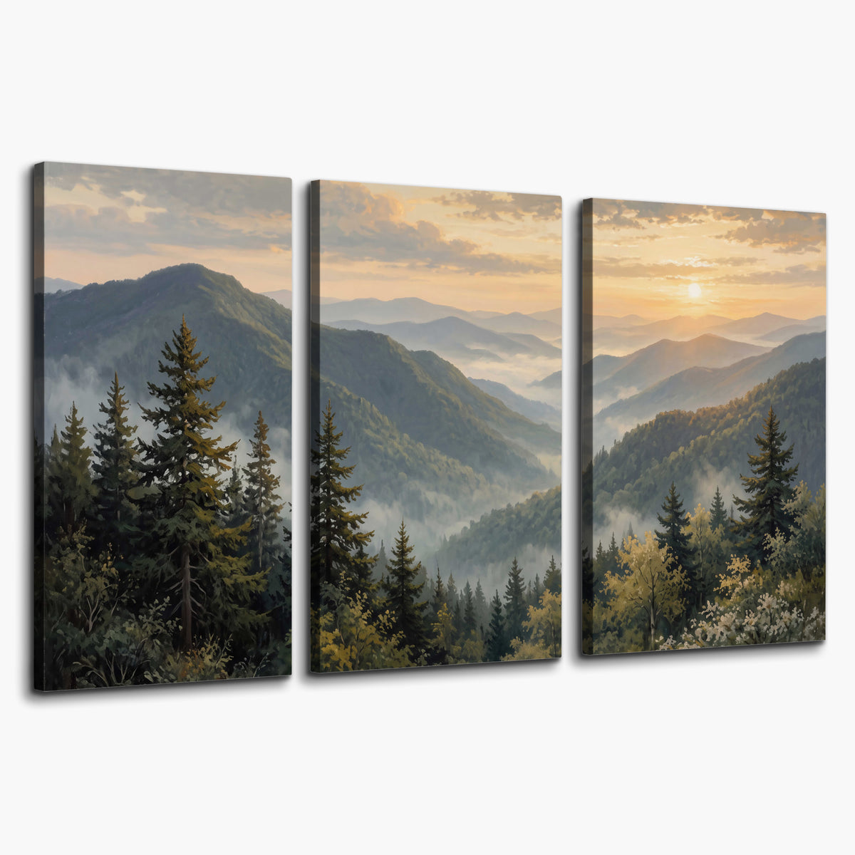 Blue-green mountain ridges and pines beneath a golden sunset 3 piece canvas wall art on a white background