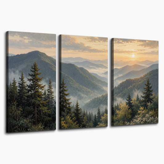 Blue-green mountain ridges and pines beneath a golden sunset 3 piece canvas wall art on a white background