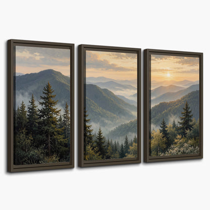 Blue-green mountain ridges and pines beneath a golden sunset 3 piece framed canvas wall art on a white background