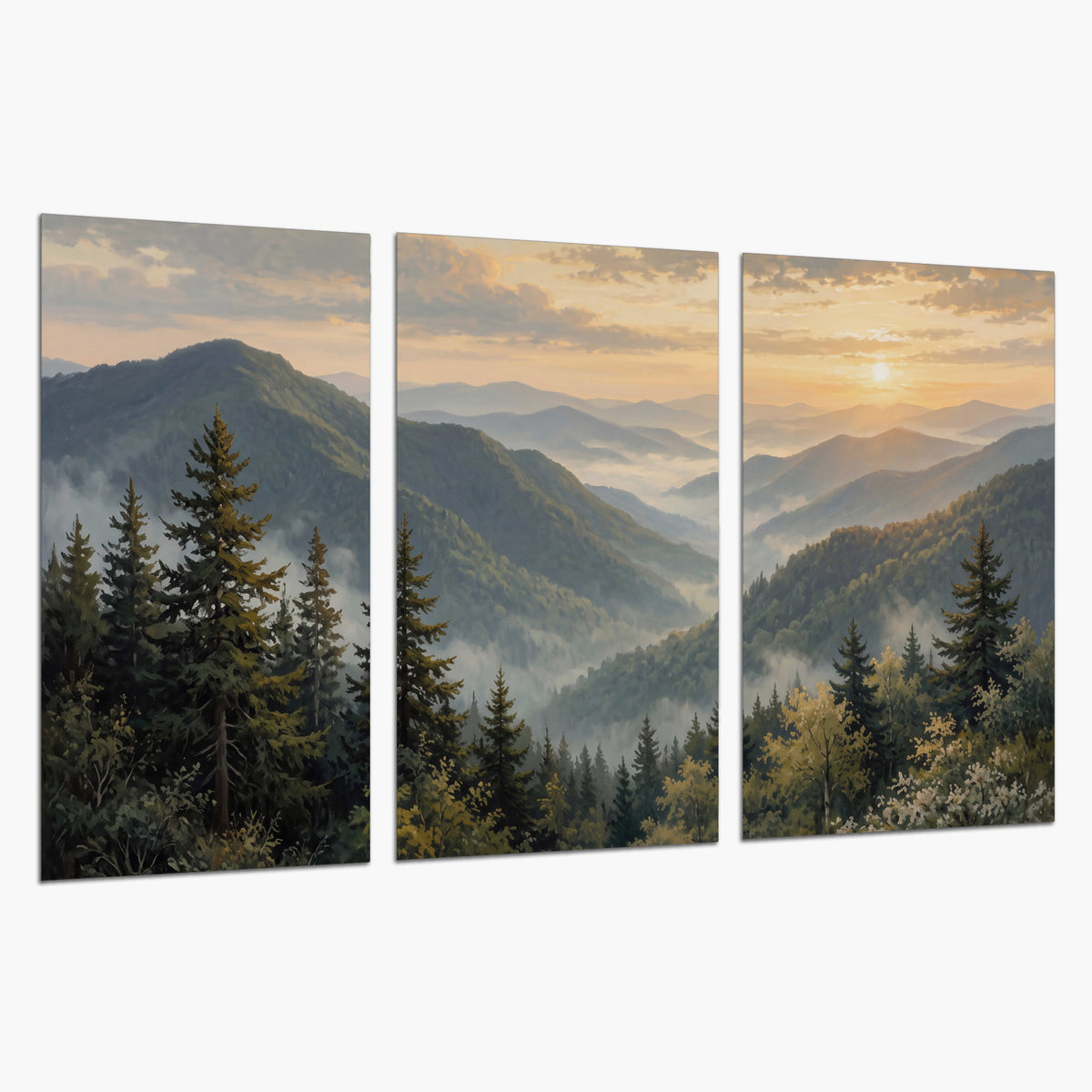 Blue-green mountain ridges and pines beneath a golden sunset set of 3 poster prints on a white background