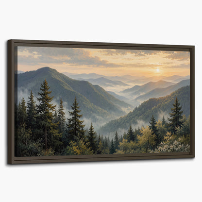 Blue-green mountain ridges and pines beneath a golden sunset single framed canvas wall art on a white background