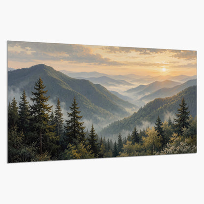 Blue-green mountain ridges and pines beneath a golden sunset single poster print on a white background