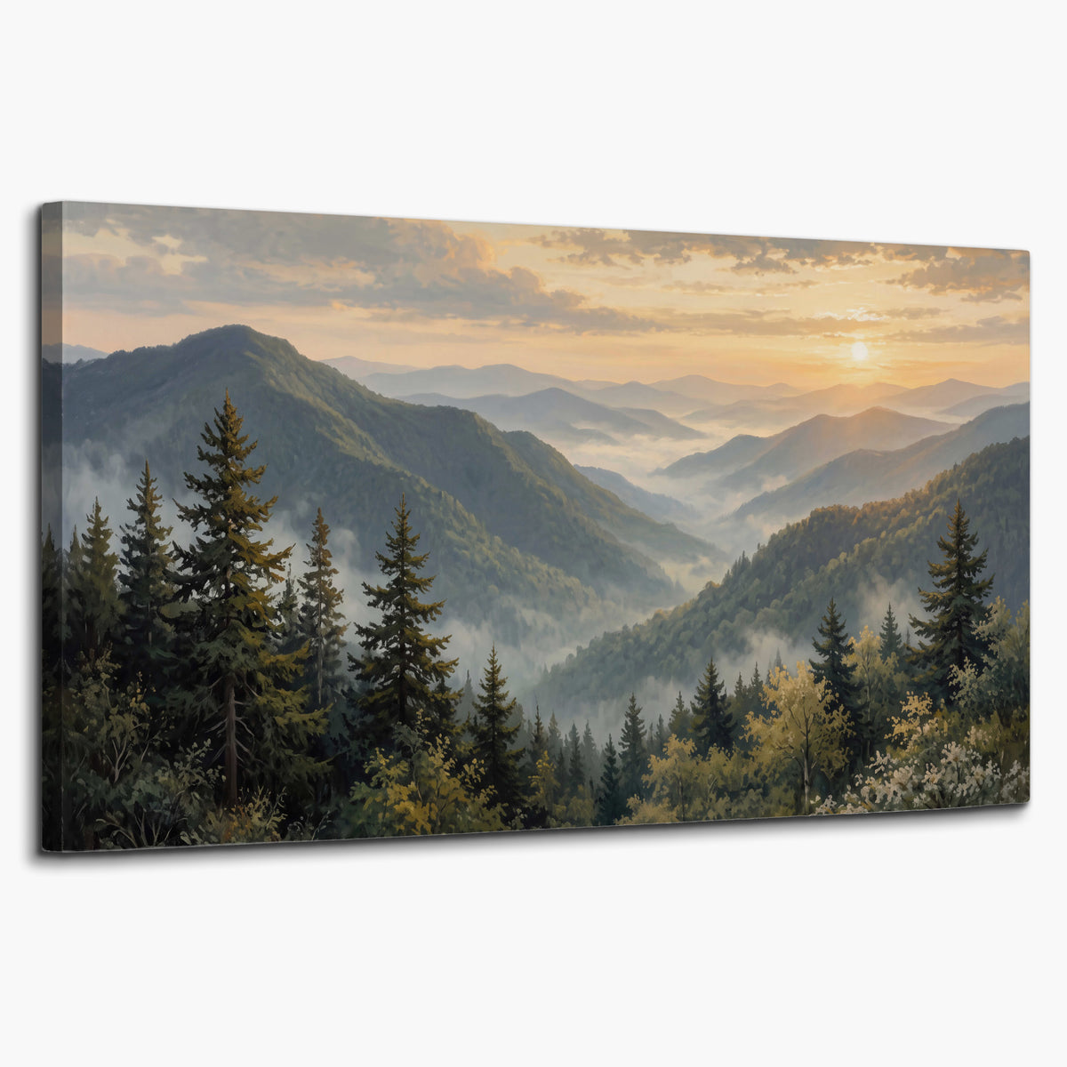 Blue-green mountain ridges and pines beneath a golden sunset single canvas wall art on a white background