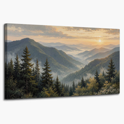 Blue-green mountain ridges and pines beneath a golden sunset single canvas wall art on a white background