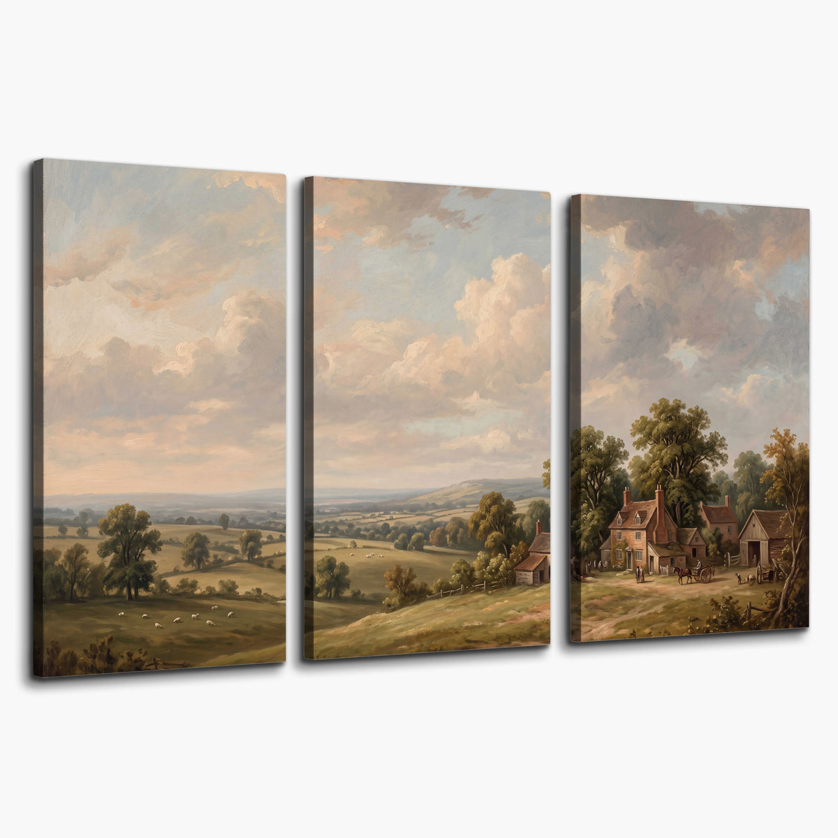 Small cottages overlooking fields beneath a luminous cloudy sky 3 piece canvas wall art on a white background