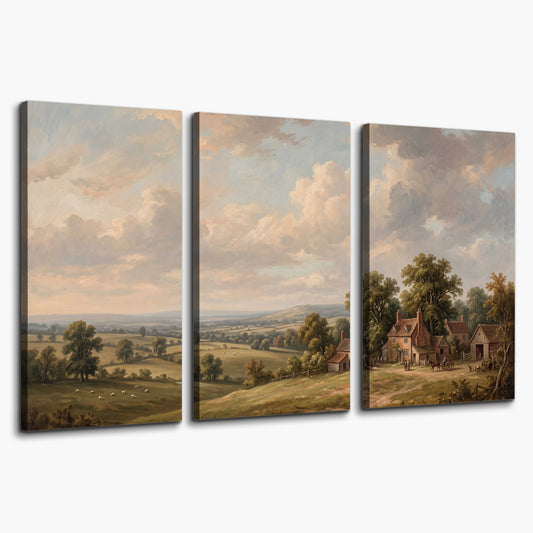 Small cottages overlooking fields beneath a luminous cloudy sky 3 piece canvas wall art on a white background
