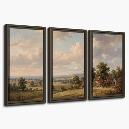 Small cottages overlooking fields beneath a luminous cloudy sky 3 piece framed canvas wall art on a white background
