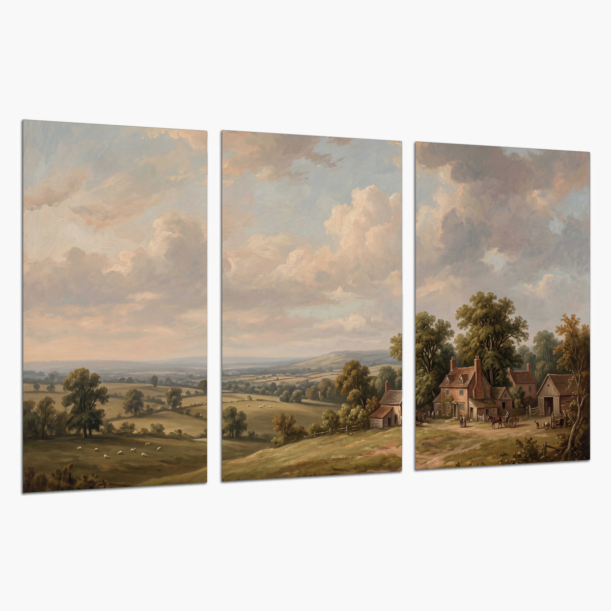 Small cottages overlooking fields beneath a luminous cloudy sky set of 3 poster prints on a white background
