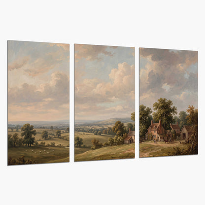 Small cottages overlooking fields beneath a luminous cloudy sky set of 3 poster prints on a white background