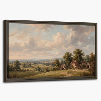 Small cottages overlooking fields beneath a luminous cloudy sky single framed canvas wall art on a white background