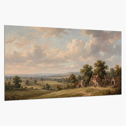 Small cottages overlooking fields beneath a luminous cloudy sky single poster print on a white background