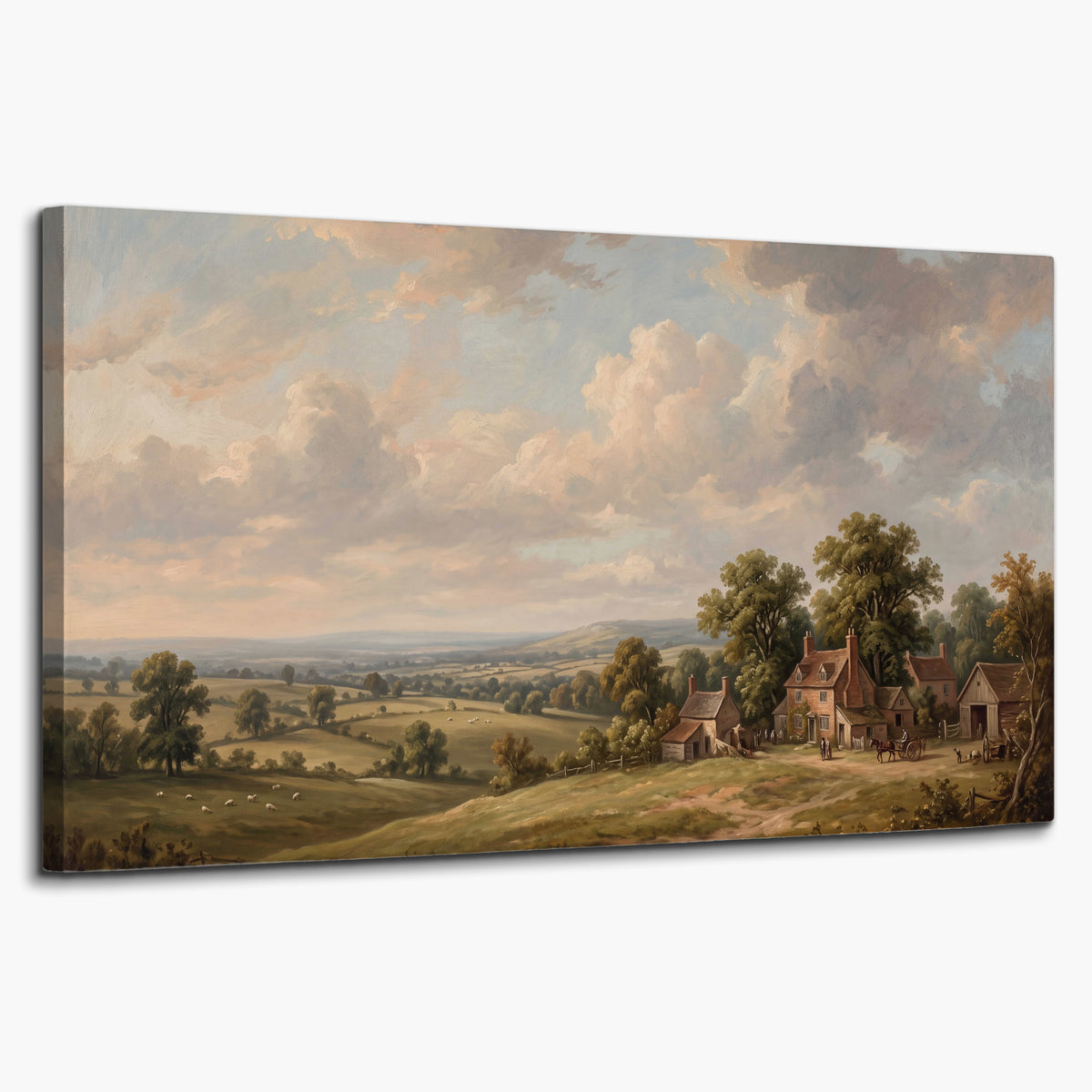 Small cottages overlooking fields beneath a luminous cloudy sky single canvas wall art on a white background