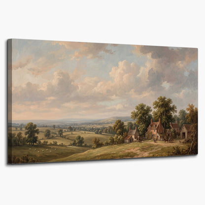 Small cottages overlooking fields beneath a luminous cloudy sky single canvas wall art on a white background