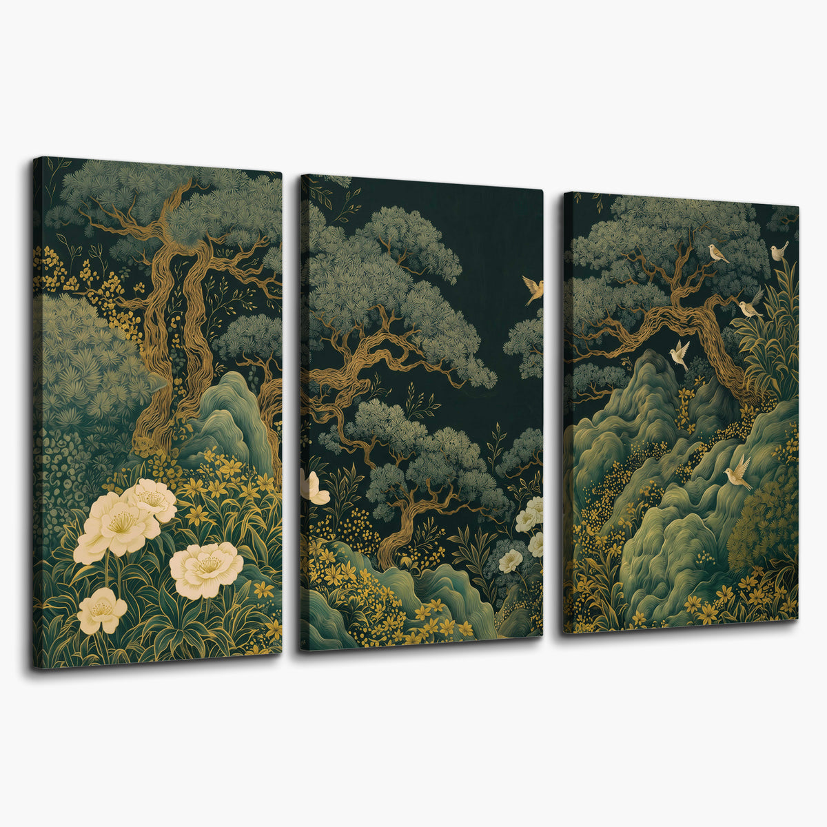 Decorative green trees, rocks, flowers and small birds 3 piece canvas wall art on a white background