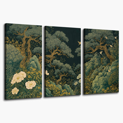 Decorative green trees, rocks, flowers and small birds 3 piece canvas wall art on a white background