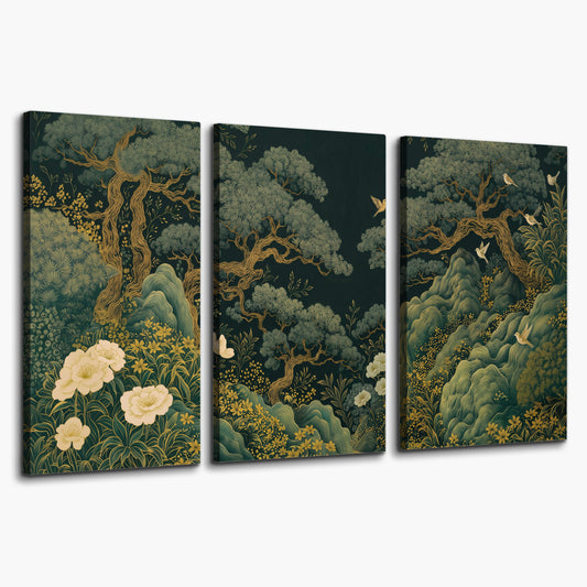 Decorative green trees, rocks, flowers and small birds 3 piece canvas wall art on a white background